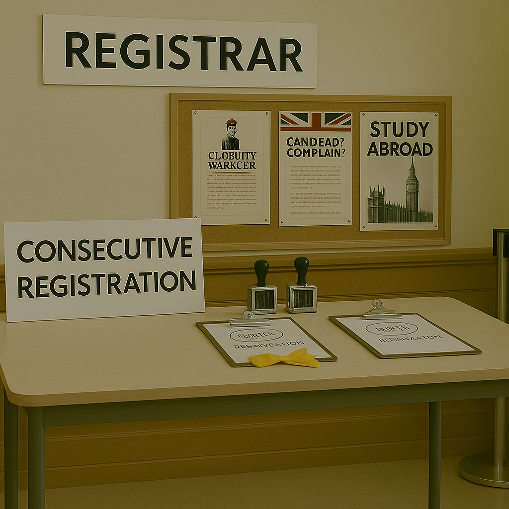 Registrar queue area with clipboards and date stamps.