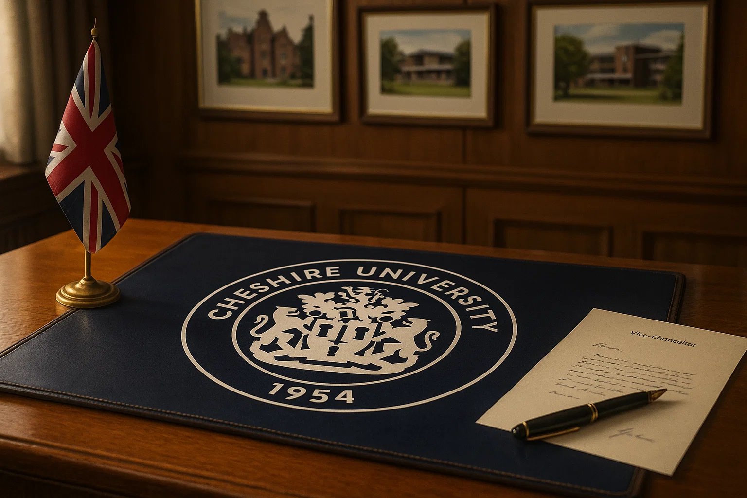 Close‑up of a Cheshire University diploma with crest seal and ribbon.