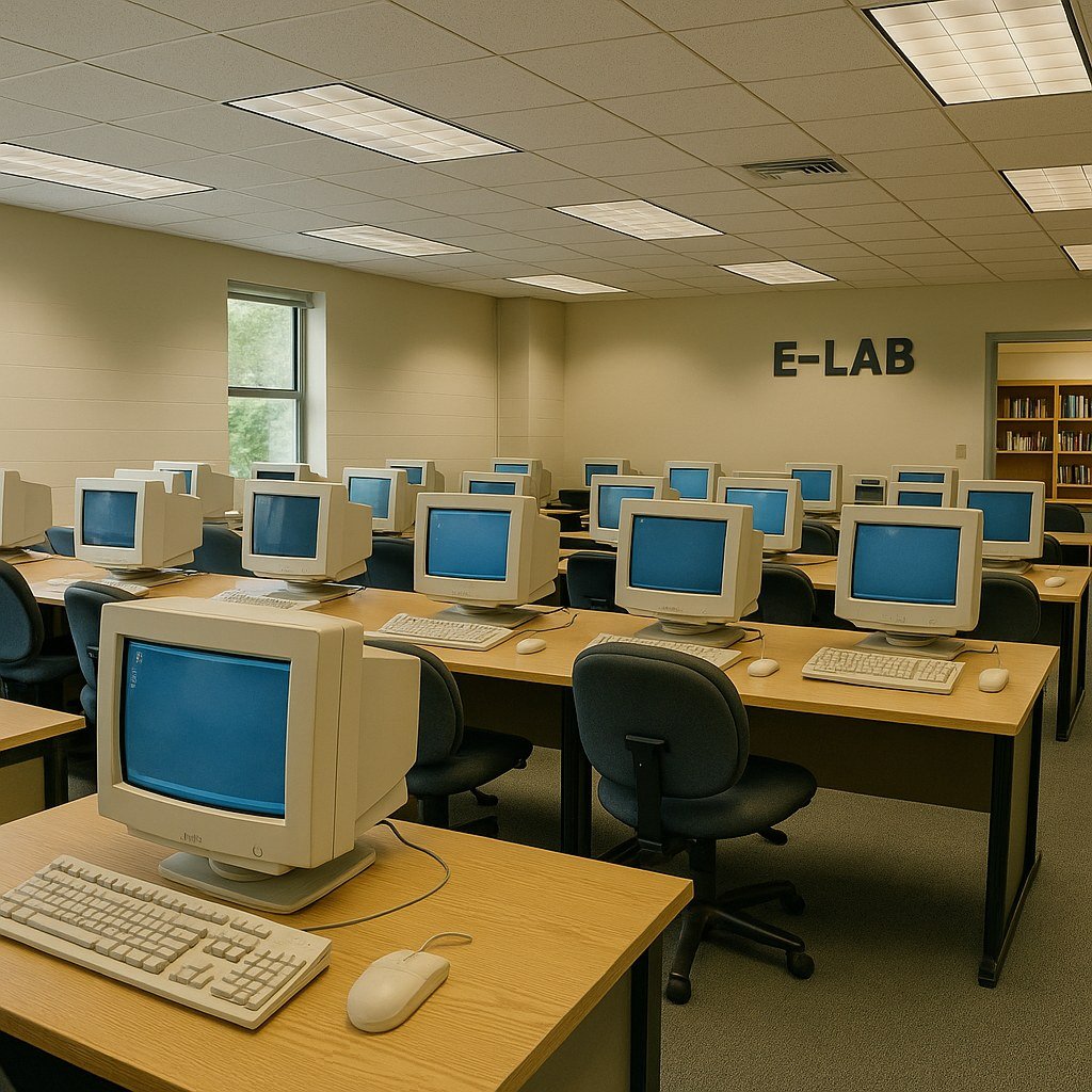 University computer lab with rows of CRT monitors and an ADSL router.