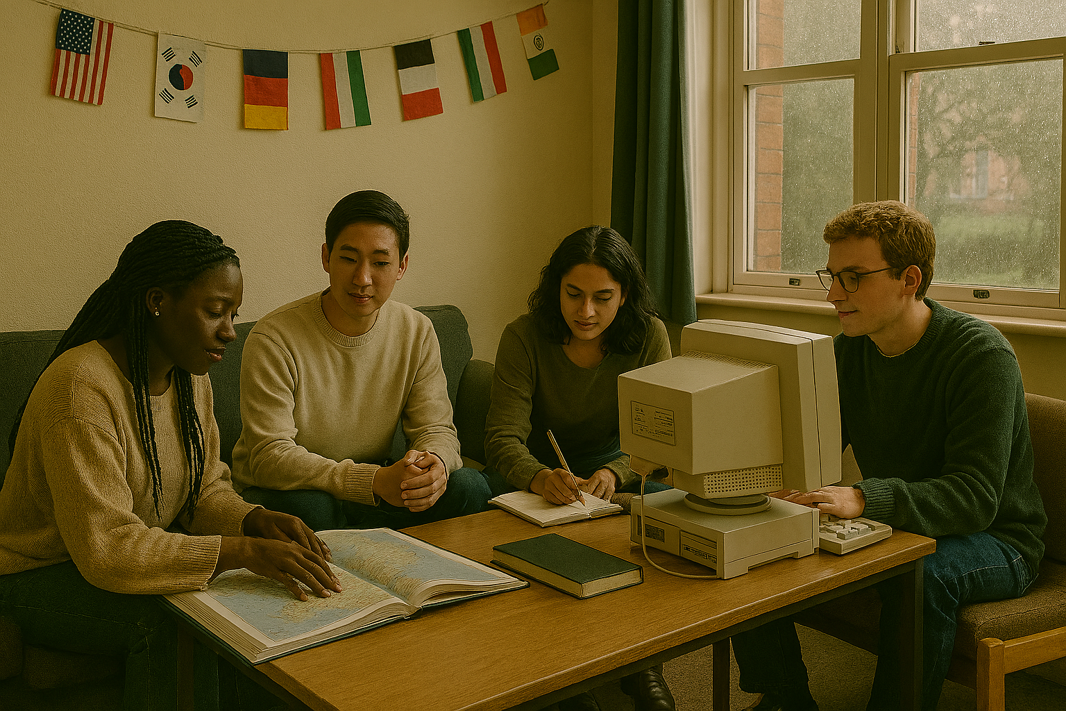 Common room with CRT PC, atlas and small flag bunting on a rainy UK day.