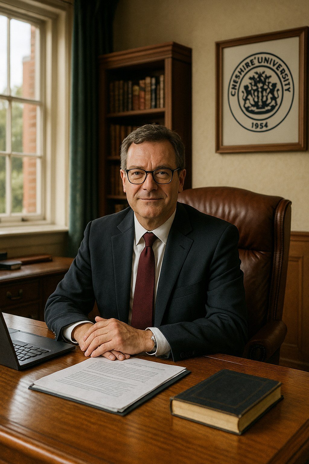 Vice‑Chancellor’s wood‑panelled office with the Cheshire University crest and framed campus photos.