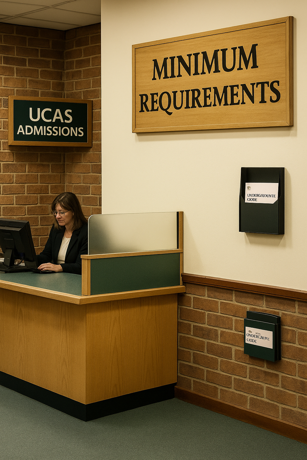 Admissions counter with UCAS‑style notices and application forms.