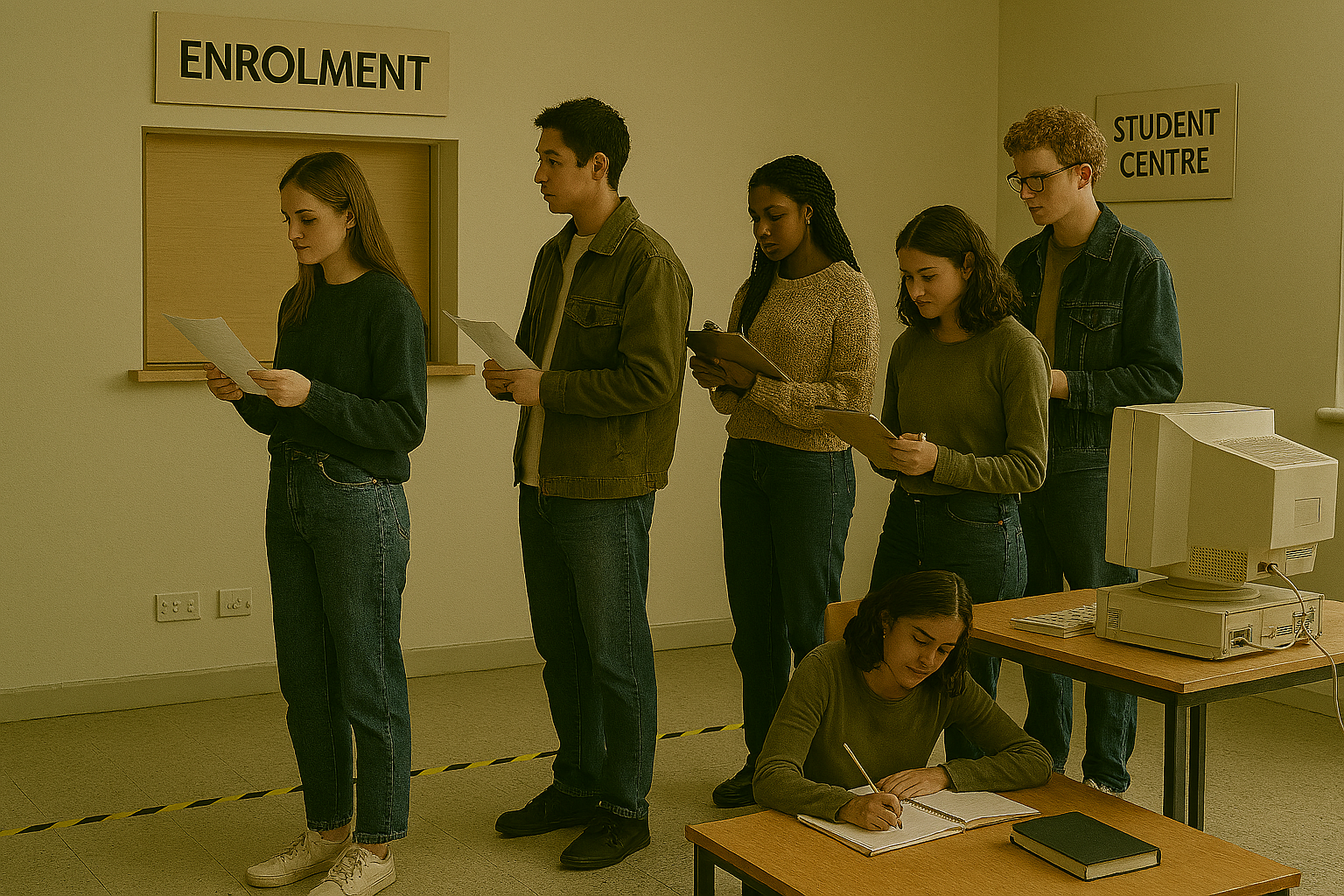 Student centre enrolment queue with paper forms and posted instructions.